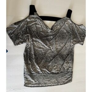 Woman Blouse Snakeskin Print Cold Shoulder Top Grey Black Med